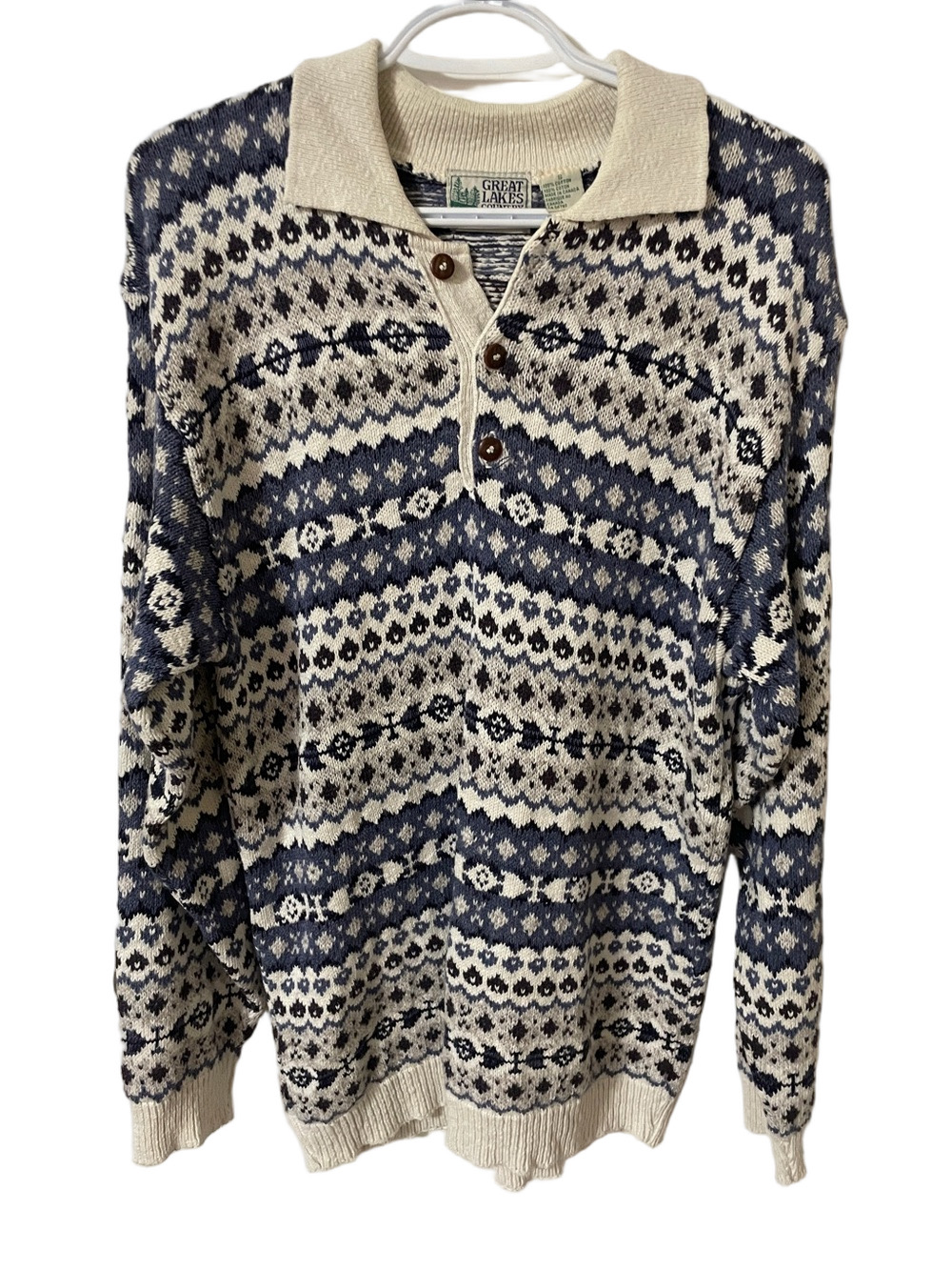 Vintage Great Lakes Country Cotton Fair Isle Polo Sweater Size Small